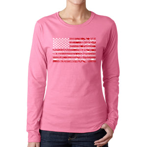 Women's Word Art Long Sleeve T-Shirt - Fireworks American Flag