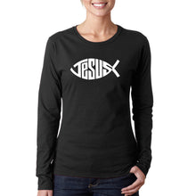 Load image into Gallery viewer, Christian Jesus Name Fish Symbol - Women&#39;s Word Art Long Sleeve T-Shirt