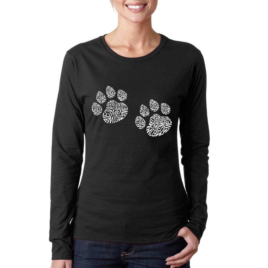 Meow Cat Prints -  Women's Word Art Long Sleeve T-Shirt