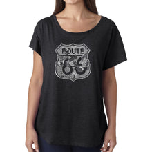 Load image into Gallery viewer, LA Pop Art Women&#39;s Dolman Word Art Shirt - Stops Along Route 66