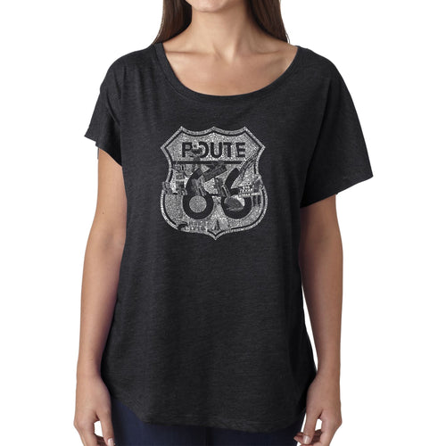 LA Pop Art Women's Dolman Word Art Shirt - Stops Along Route 66