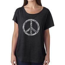Load image into Gallery viewer, LA Pop Art Women&#39;s Dolman Word Art Shirt - THE WORD PEACE IN 77 LANGUAGES