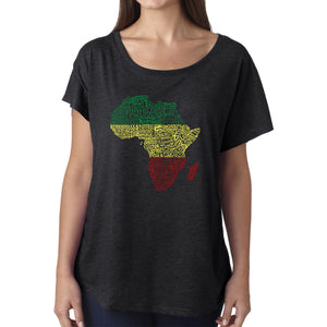 LA Pop Art Women's Dolman Cut Word Art Shirt - Countries in Africa