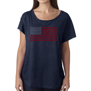 LA Pop Art Women's Loose Fit Dolman Cut Word Art Shirt - USA Flag