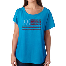 Load image into Gallery viewer, LA Pop Art Women&#39;s Loose Fit Dolman Cut Word Art Shirt - USA Flag