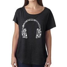 Load image into Gallery viewer, LA Pop Art Women&#39;s Dolman Cut Word Art Shirt - Music Note Headphones
