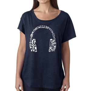 LA Pop Art Women's Dolman Cut Word Art Shirt - Music Note Headphones