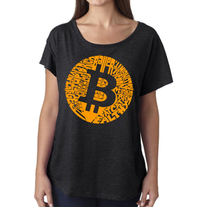 LA Pop Art Women's Dolman Cut Word Art Shirt - Bitcoin