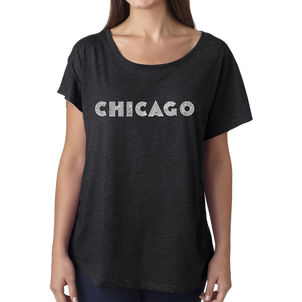 LA Pop Art Women's Dolman Word Art Shirt - CHICAGO NEIGHBORHOODS