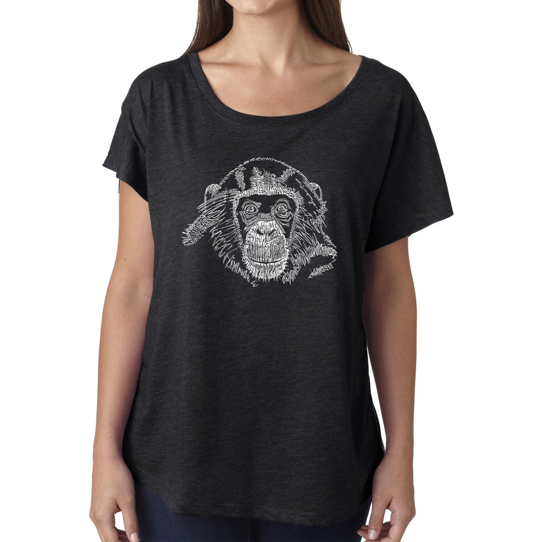 LA Pop Art Women's Dolman Cut Word Art Shirt - Chimpanzee