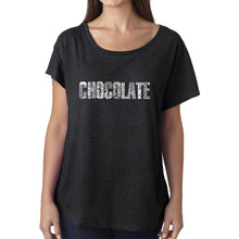 Load image into Gallery viewer, LA Pop Art Women&#39;s Dolman Word Art Shirt - Different foods made with chocolate