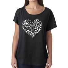 Load image into Gallery viewer, LA Pop Art Women&#39;s Loose Fit Dolman Cut Word Art Shirt - Heart Notes