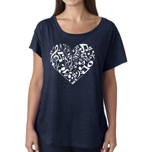 Load image into Gallery viewer, LA Pop Art Women&#39;s Loose Fit Dolman Cut Word Art Shirt - Heart Notes