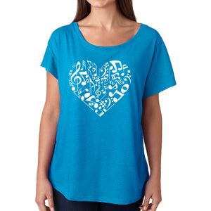 LA Pop Art Women's Loose Fit Dolman Cut Word Art Shirt - Heart Notes