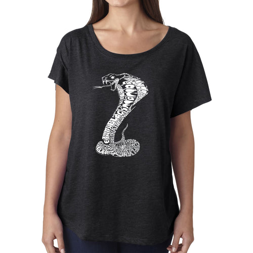 LA Pop Art Women's Dolman Word Art Shirt - Types of Snakes
