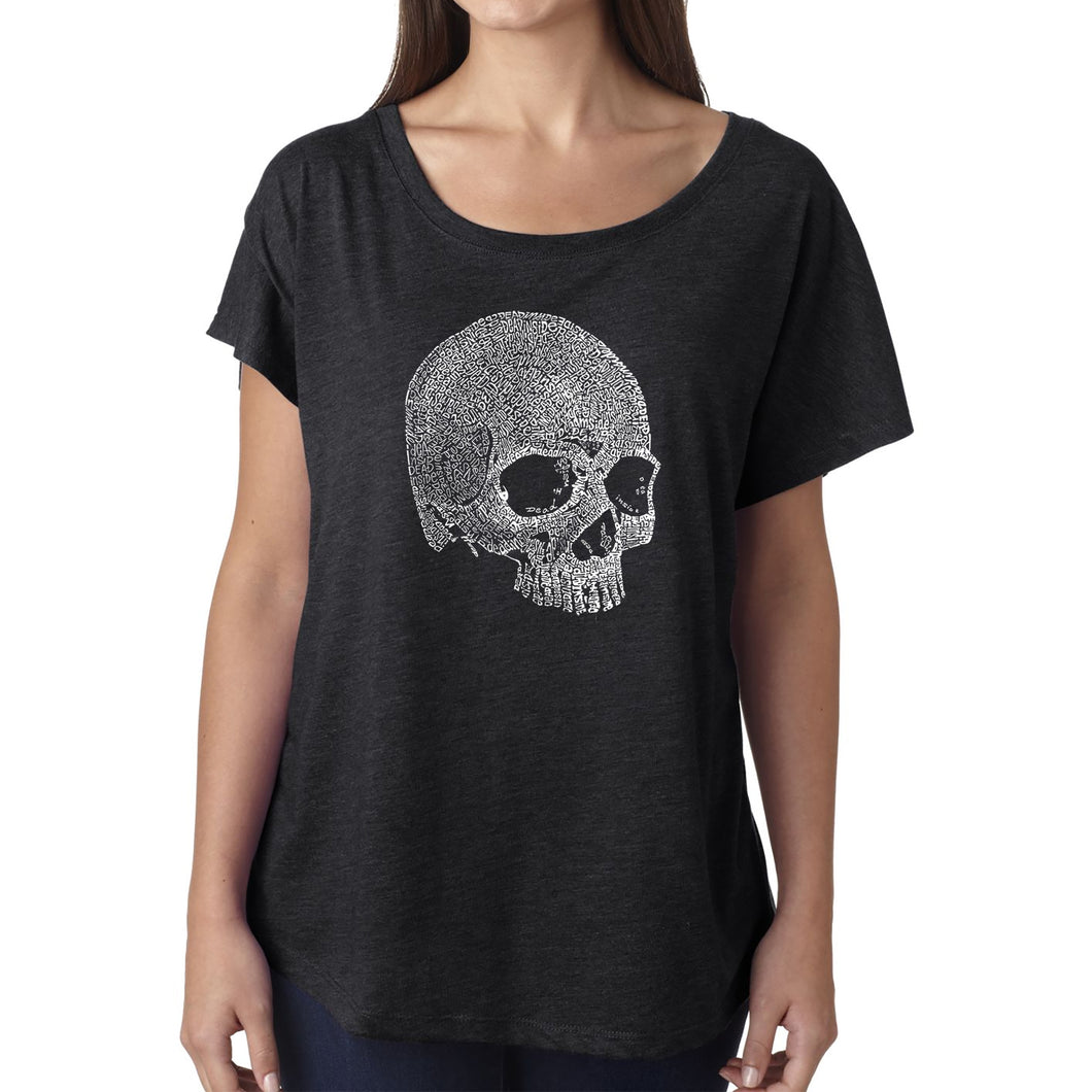 LA Pop Art Women's Dolman Cut Word Art Shirt - Dead Inside Skull