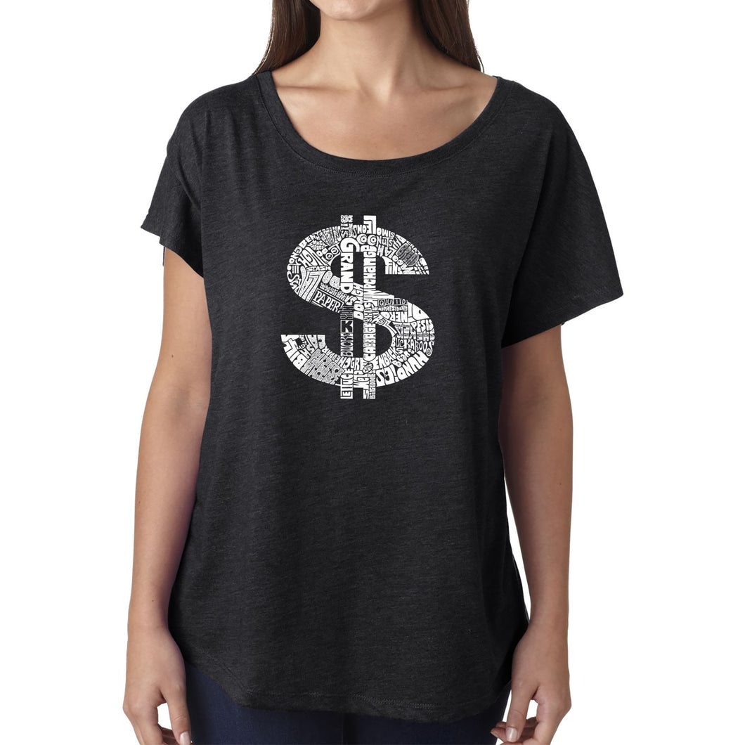 LA Pop Art Women's Dolman Word Art Shirt - Dollar Sign