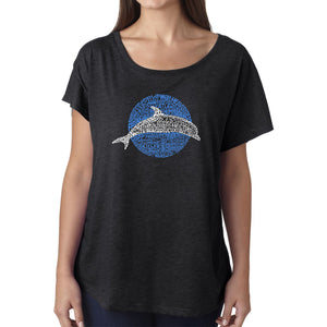 LA Pop Art Women's Dolman Word Art Shirt - Species of Dolphin