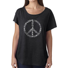 Load image into Gallery viewer, LA Pop Art Women&#39;s Dolman Word Art Shirt - Different Faiths peace sign