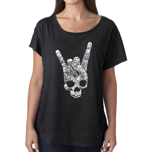 LA Pop Art Women's Dolman Cut Word Art Shirt - Heavy Metal Genres