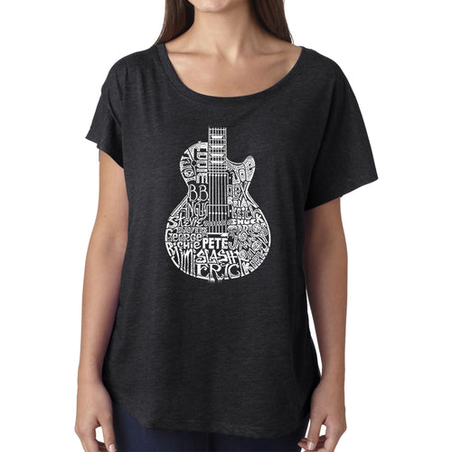 LA Pop Art Women's Dolman Cut Word Art Shirt - Rock Guitar