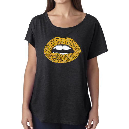 LA Pop Art Women's Dolman Cut Word Art Shirt - Gold Digger Lips