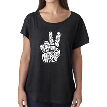 Load image into Gallery viewer, LA Pop Art Women&#39;s Loose Fit Dolman Cut Word Art Shirt - Peace Out
