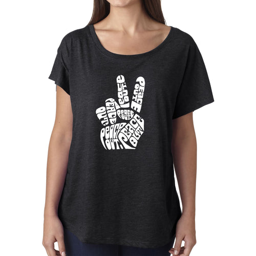 LA Pop Art Women's Loose Fit Dolman Cut Word Art Shirt - Peace Out