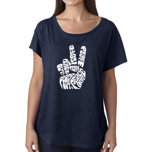 LA Pop Art Women's Loose Fit Dolman Cut Word Art Shirt - Peace Out