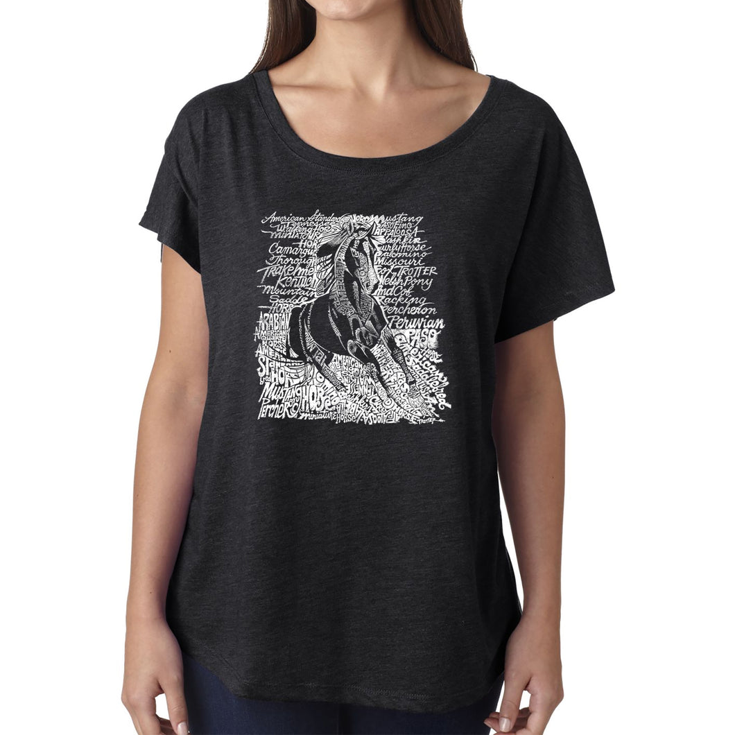 LA Pop Art Women's Dolman Word Art Shirt - POPULAR HORSE BREEDS