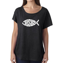Load image into Gallery viewer, LA Pop Art Women&#39;s Dolman Cut Word Art Shirt - Christian Jesus Name Fish Symbol