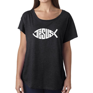 LA Pop Art Women's Dolman Cut Word Art Shirt - Christian Jesus Name Fish Symbol