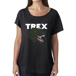 LA Pop Art Women's Loose Fit Dolman Cut Word Art Shirt - T-Rex Head
