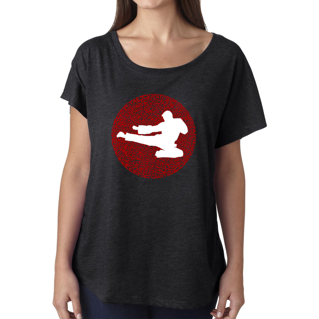 LA Pop Art Women's Dolman Cut Word Art Shirt - Types of Martial Arts