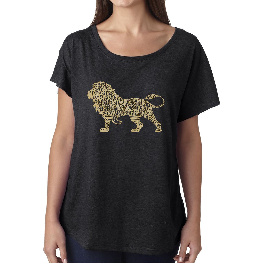 LA Pop Art Women's Dolman Word Art Shirt - Lion
