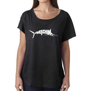 LA Pop Art Women's Dolman Word Art Shirt - Marlin - Gone Fishing