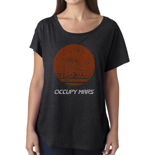 LA Pop Art Women's Dolman Cut Word Art Shirt - Occupy Mars