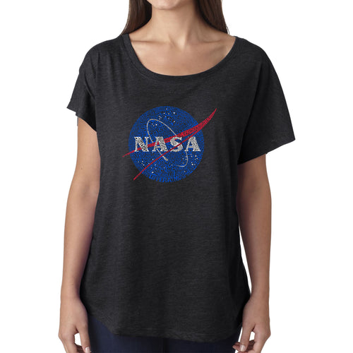LA Pop Art Women's Dolman Word Art Shirt - NASA's Most Notable Missions