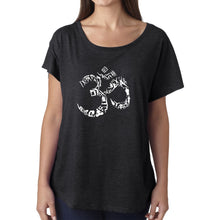 Load image into Gallery viewer, LA Pop Art Women&#39;s Dolman Word Art Shirt - THE OM SYMBOL OUT OF YOGA POSES