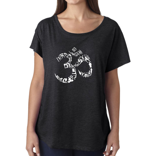 LA Pop Art Women's Dolman Word Art Shirt - THE OM SYMBOL OUT OF YOGA POSES