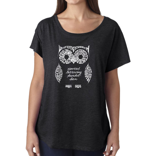 LA Pop Art Women's Dolman Word Art Shirt - Owl