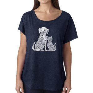 LA Pop Art Women's Loose Fit Dolman Cut Word Art Shirt - Dogs and Cats