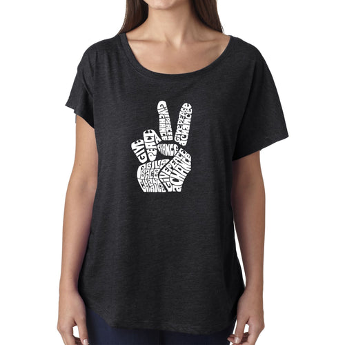 LA Pop Art Women's Dolman Word Art Shirt - PEACE FINGERS