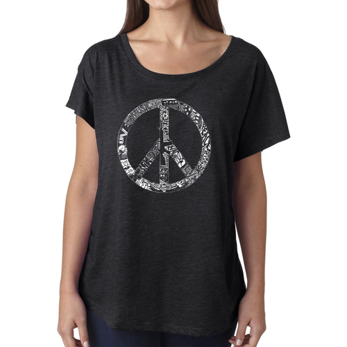 LA Pop Art Women's Dolman Word Art Shirt - PEACE, LOVE, & MUSIC