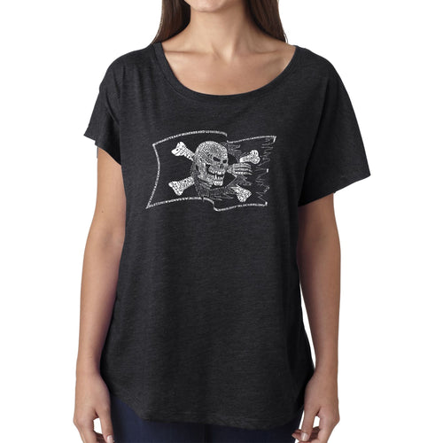 LA Pop Art Women's Dolman Word Art Shirt - FAMOUS PIRATE CAPTAINS AND SHIPS