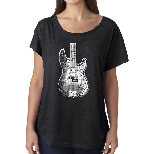 LA Pop Art Women's Loose Fit Dolman Cut Word Art Shirt - Bass Guitar
