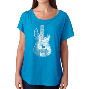 LA Pop Art Women's Loose Fit Dolman Cut Word Art Shirt - Bass Guitar