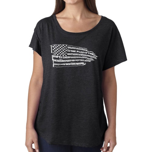 LA Pop Art Women's Dolman Cut Word Art Shirt - Pledge of Allegiance Flag