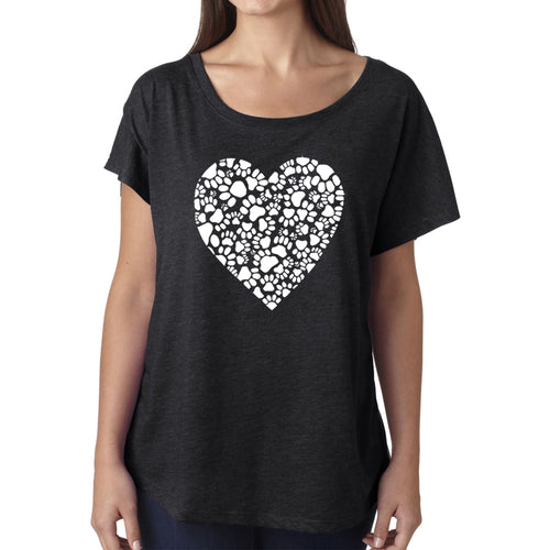 LA Pop Art Women's Dolman Cut Word Art Shirt - Paw Prints Heart