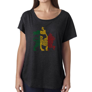 LA Pop Art Women's Dolman Word Art Shirt - Rasta Lion - One Love